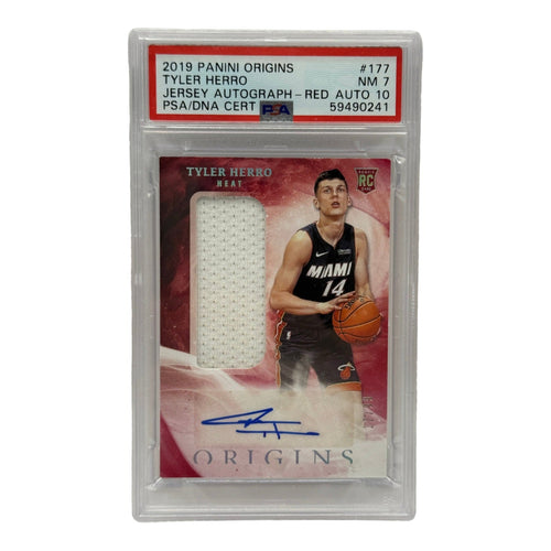 2019 Panini Origins Tyler Herro Jersey Autograph Red /99 Rookie Card #177 PSA 7 NEAR MINT & AUTO 10