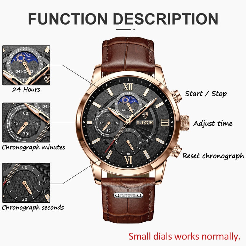 Relógio Masculino LIGE Cronógrafo com Pulseira de Couro