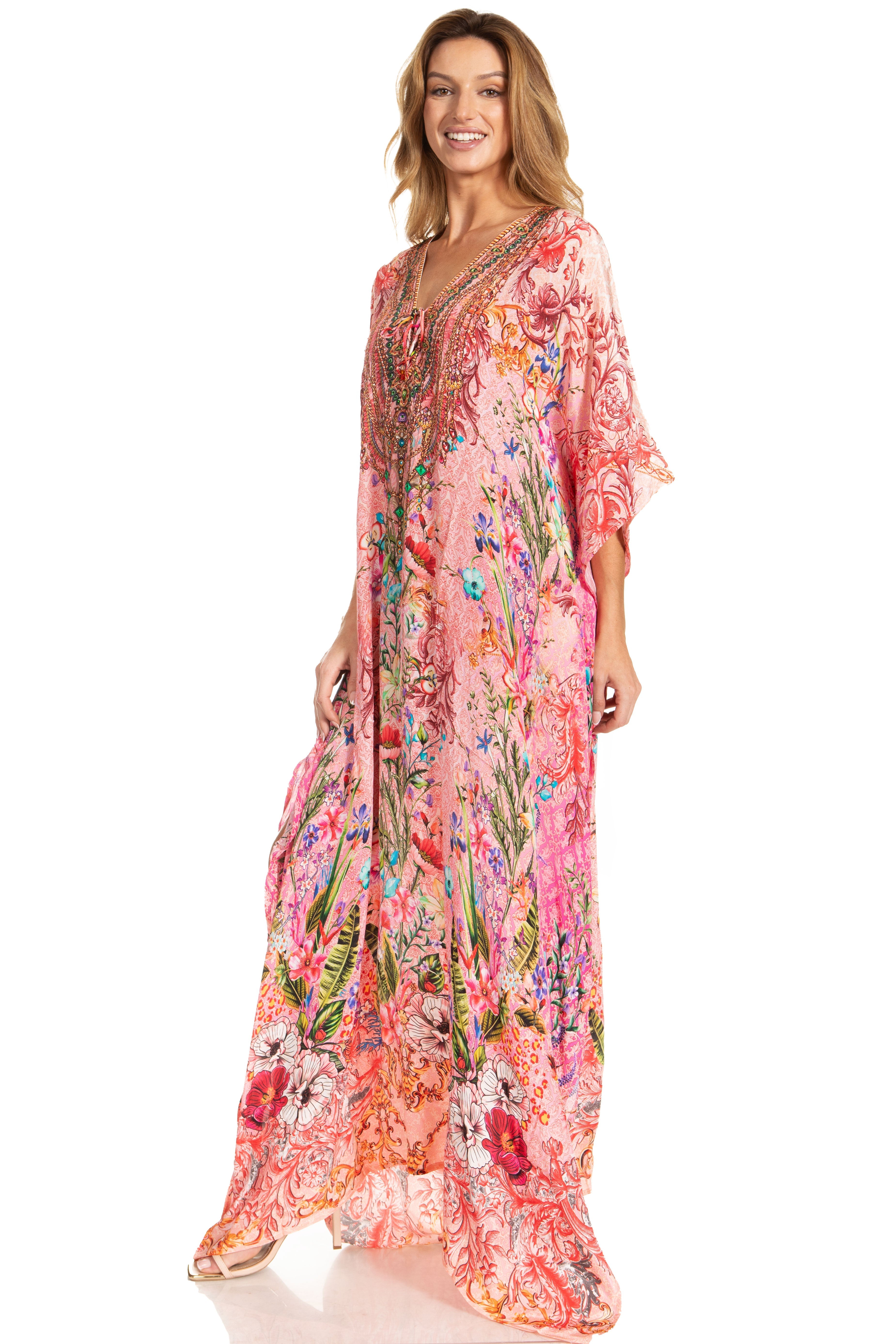 Sakkas Georgettina 2025 Flowy Rhinestone V Neck Long Caftan Dress / Cover Up