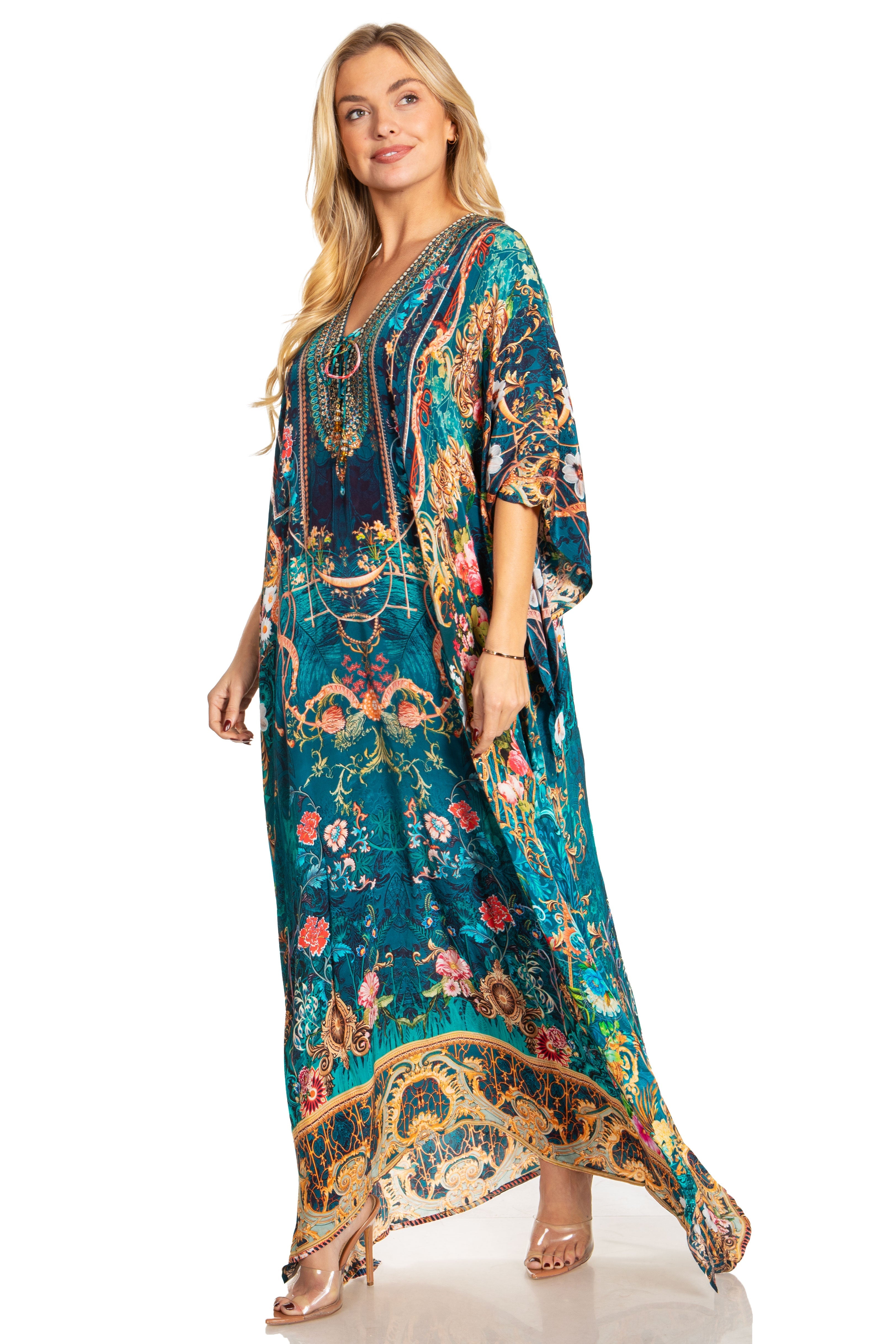 Sakkas Georgettina 2025 Flowy Rhinestone V Neck Long Caftan Dress / Cover Up