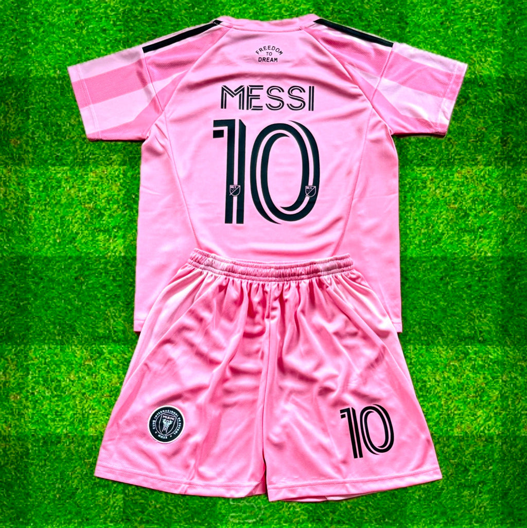 Conjunto Infantil Camisa de Futebol Lionel Messi Miami Rosa