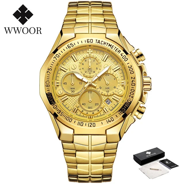 Relógio Masculino WWOOR Cronógrafo Dourado
