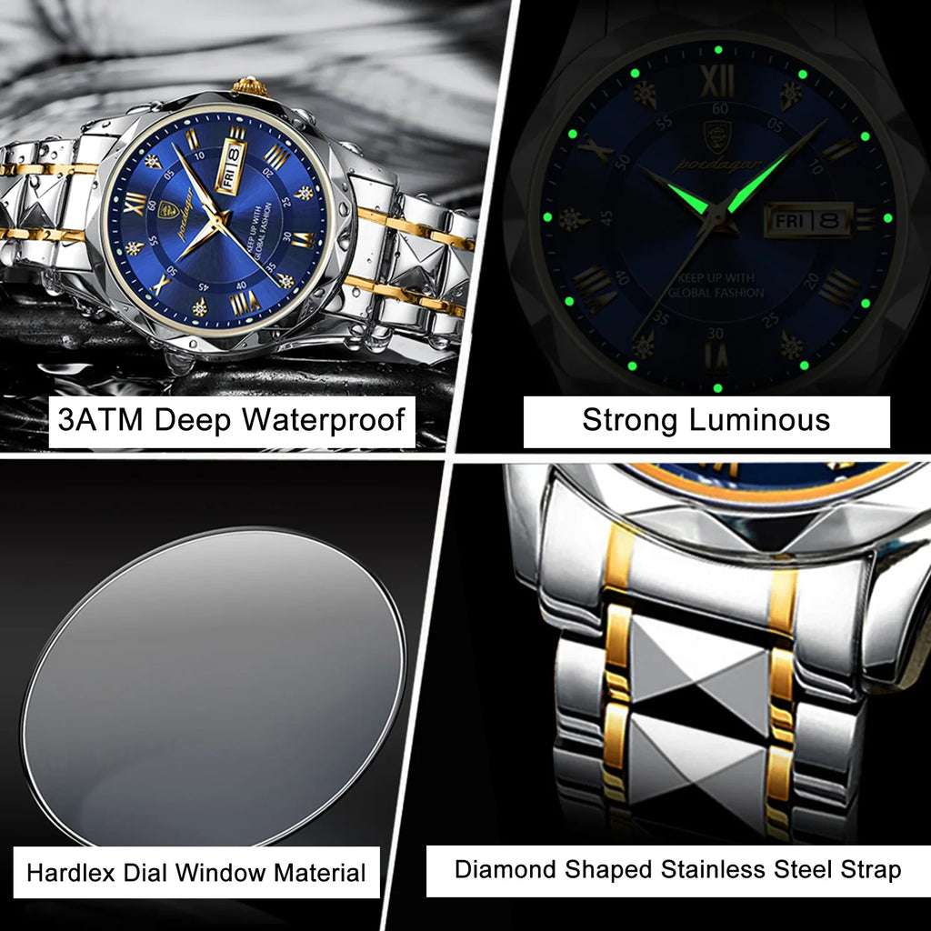 POEDAGAR Men's Stainless Steel Business Watch