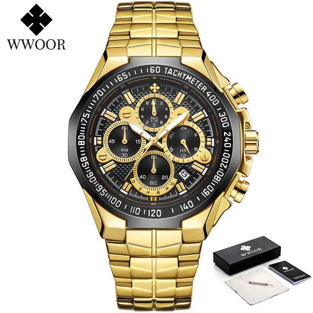 Relógio Masculino WWOOR Cronógrafo Dourado