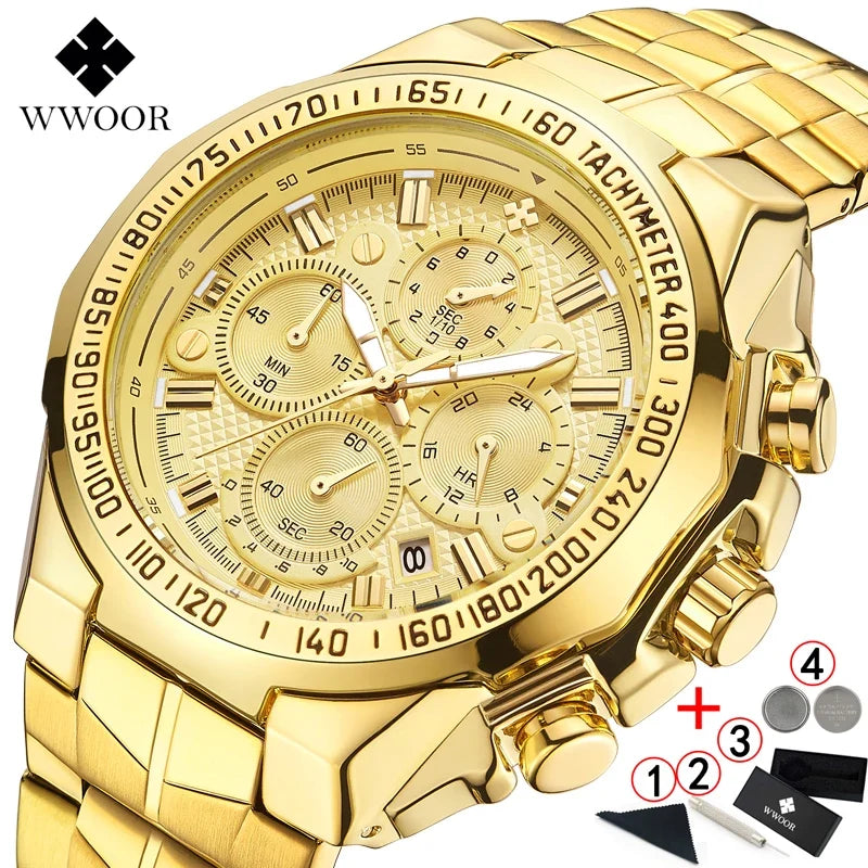 Relógio Masculino WWOOR Cronógrafo Dourado