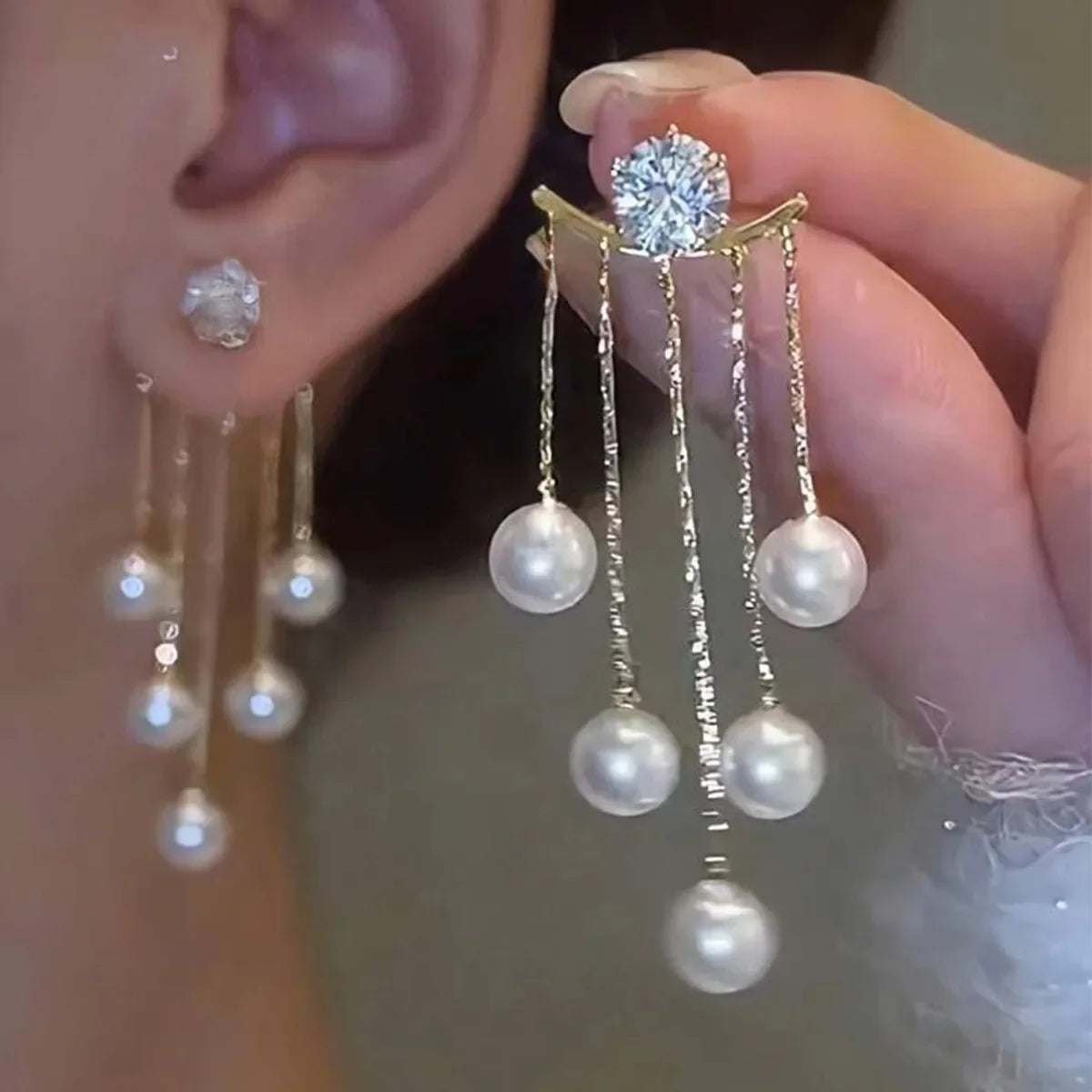 Pearl Tassel Earrings with 925 Silver Posts