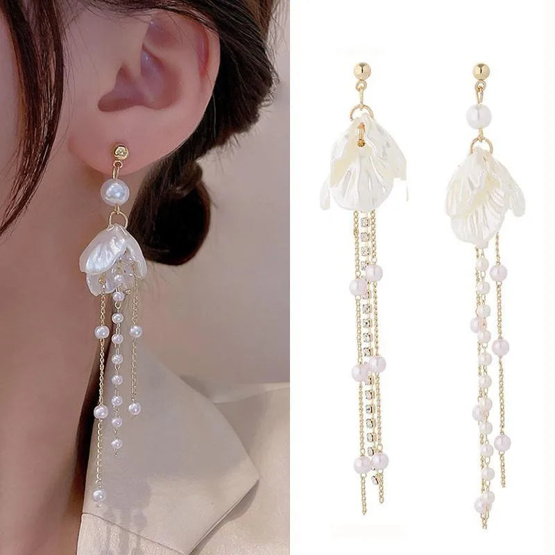 Pearl Tassel Earrings with 925 Silver Posts