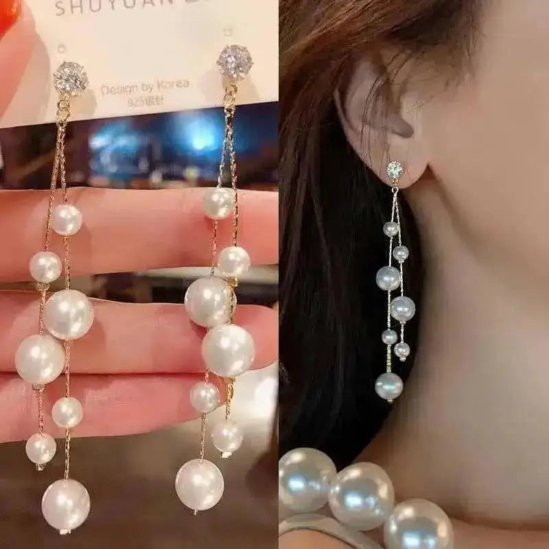 Pearl Tassel Earrings with 925 Silver Posts