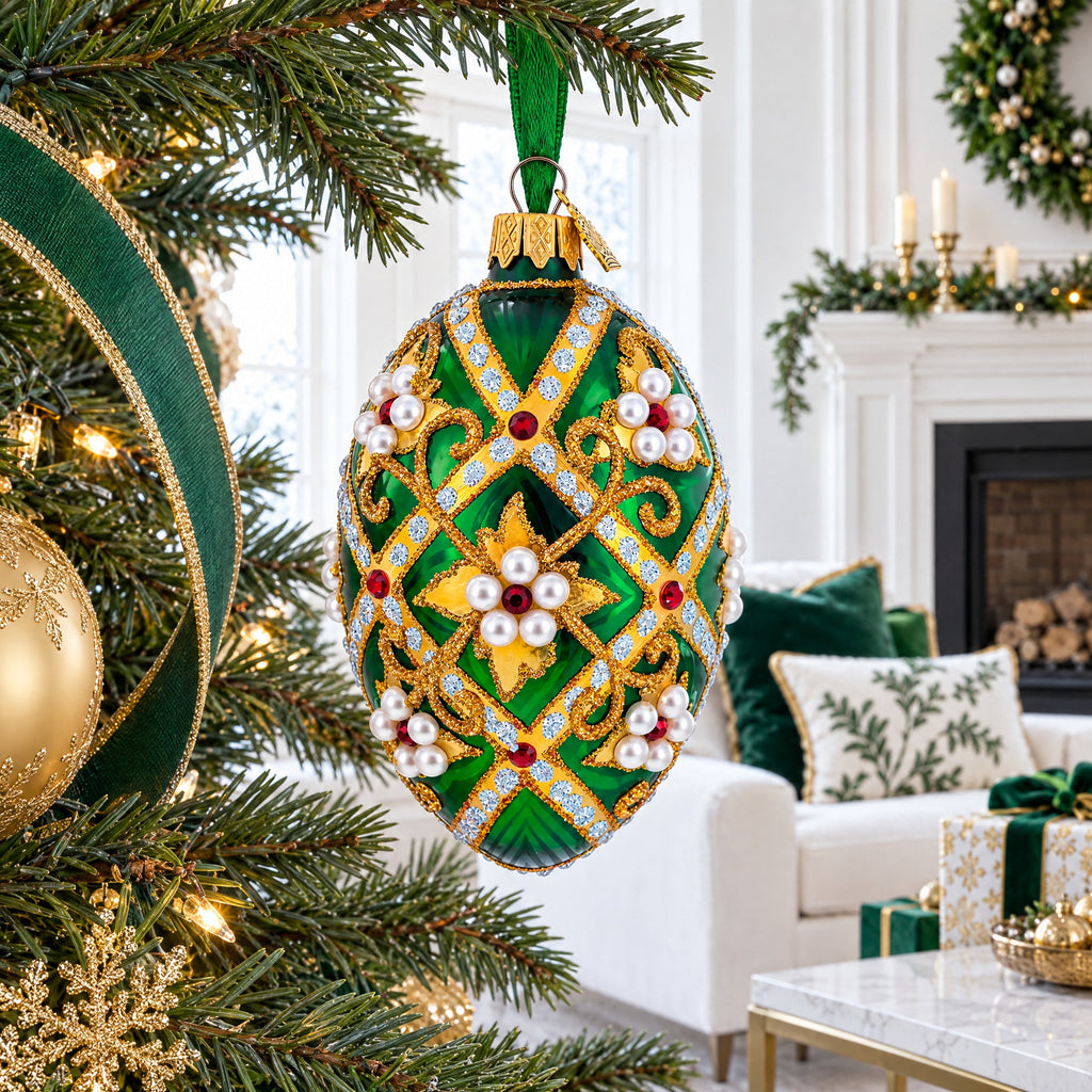 Enfeite de Natal Ovo de Vidro Joias sobre Verde – 10 cm
