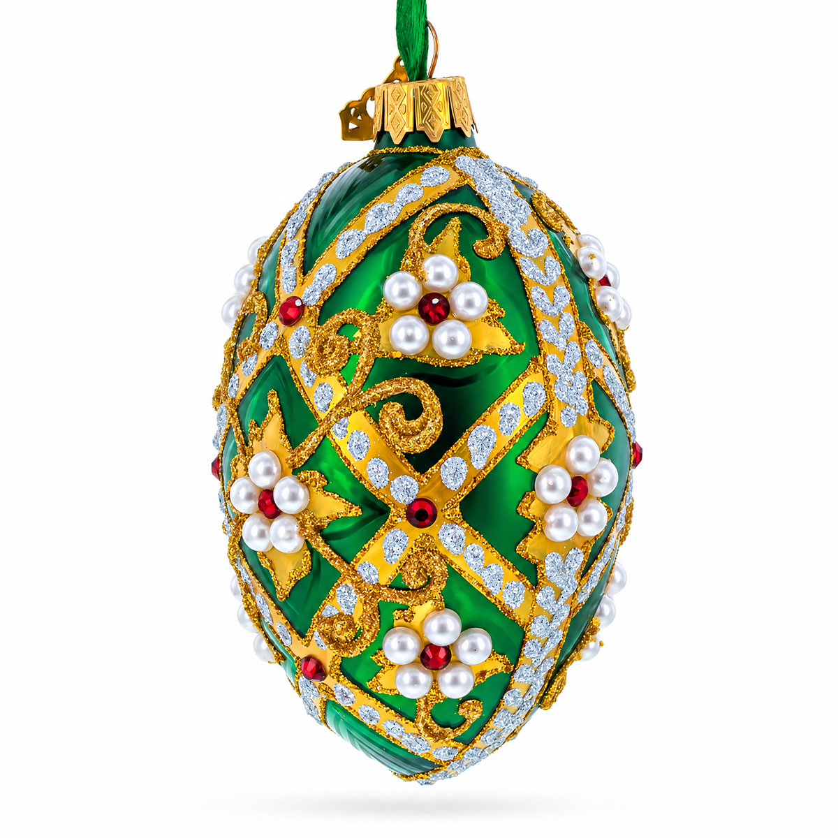 Enfeite de Natal Ovo de Vidro Joias sobre Verde – 10 cm