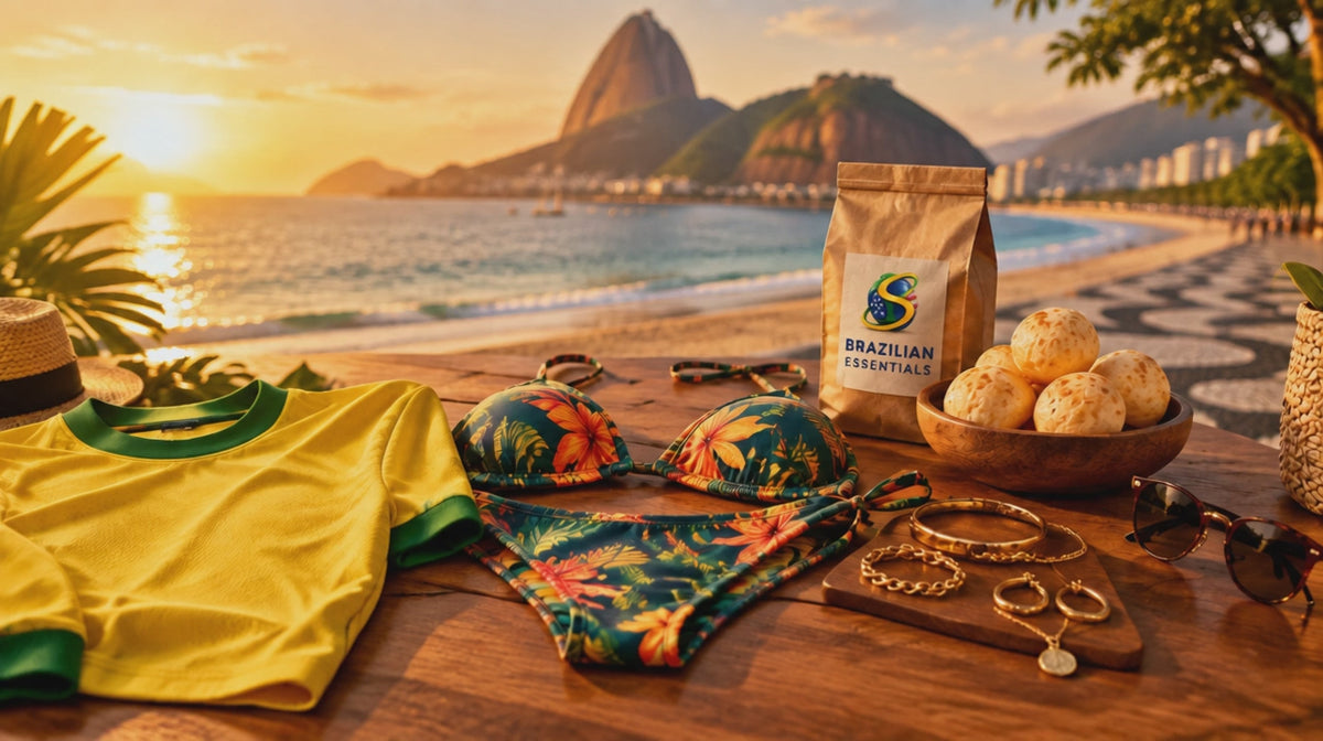 Produtos Brazilian Essentials USA na praia do Rio ao pôr do sol